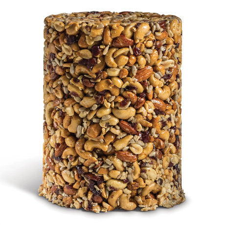 Nutsie Seed Log, Jumbo: A compact cylinder of cashews, almonds, peanuts, sunflower seeds, and dried fruit, ideal for bird feeders, with a central hole for easy hanging.