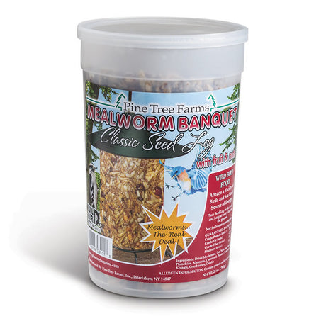 Mealworm Banquet Classic Seed Log in a labeled plastic container, featuring mealworms, nuts, and fruit pieces for attracting a variety of birds.