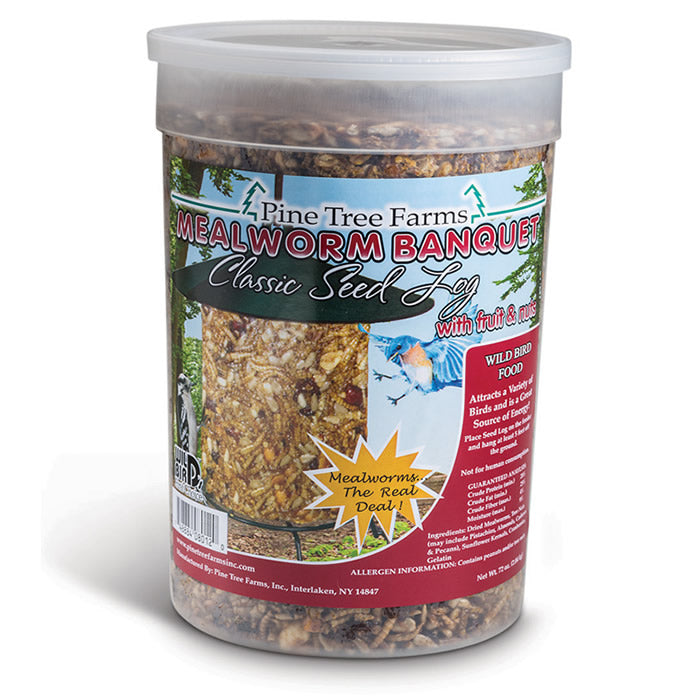 Mealworm Banquet Classic Seed Log, Jumbo shown in a clear plastic container, featuring mealworms, nuts, and fruit pieces for attracting diverse birds.