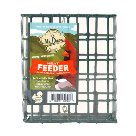 Neat Feeder Suet Cage with label, steel construction, holds one suet or seed cake, includes hanging chain. Ideal for attracting small birds.