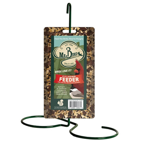 Cylinder Wire Feeder with label; designed for seed cylinders, features simple wire design and large bottom rings for easy bird feeding.