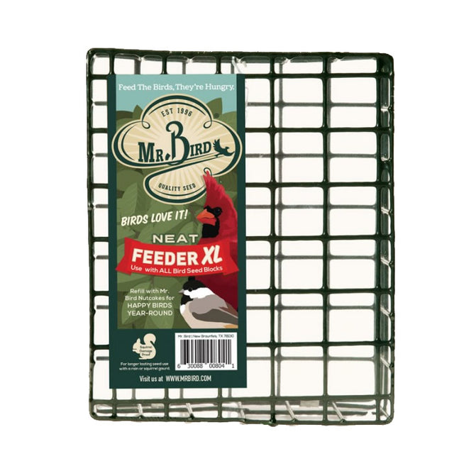 Mr. Bird Large Seed & Suet Block Cage feeder with a label, a heavy-duty steel design, and an included hanging chain for large seed or suet blocks.