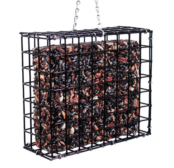 Mr. Bird Large Seed & Suet Block Cage: a durable, vinyl-coated steel bird feeder with a hanging chain, designed to hold large seed or suet blocks.