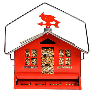 Squirrel Be Gone Country bird feeder with weight-activated perch, clear viewing windows, and cardinal weathervane on top, designed to deter squirrels.