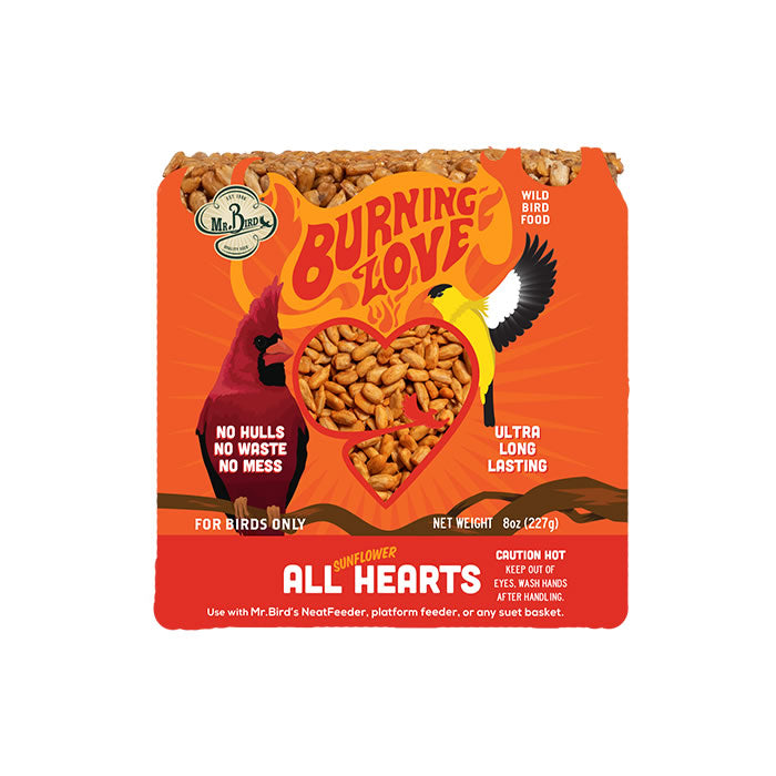 Burning Love Block Small, Set of 3: A box of spicy bird food featuring a bird with a bowl of peanuts, designed to deter squirrels.