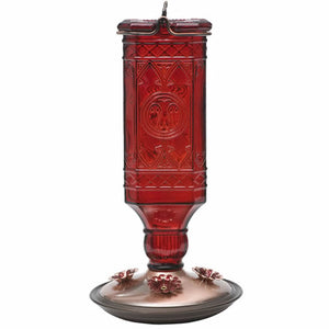 Red Square Antique Bottle Feeder with a brushed copper base, featuring a square red glass design, four feeding ports, and a metal hanger.