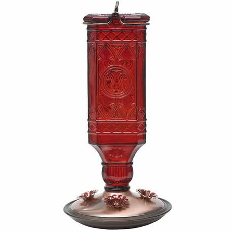 Red Square Antique Bottle Feeder with a brushed copper base, featuring a square red glass design, four feeding ports, and a metal hanger.