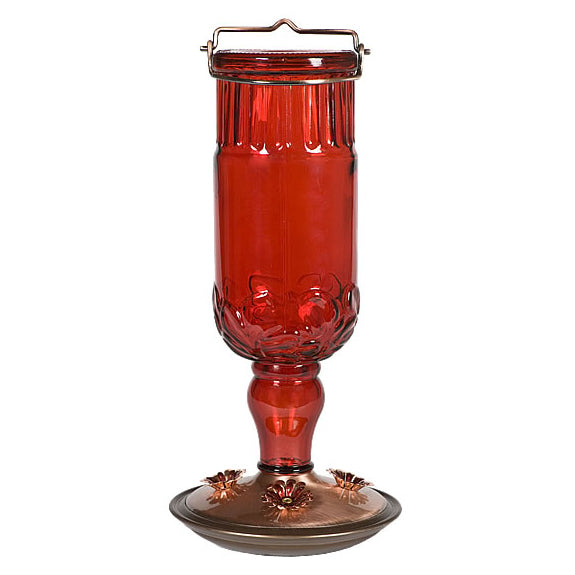 Red Antique Bottle Feeder with a vintage red glass container and brushed copper metal base, designed for hummingbirds with 24 oz. capacity and four feeding ports.