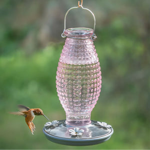 Cranberry Hobnail Hummingbird Feeder with daisy-shaped feeding ports, hanging outdoors. Glass vase design, 24 oz. capacity, easy-clean base, and built-in metal hanger.