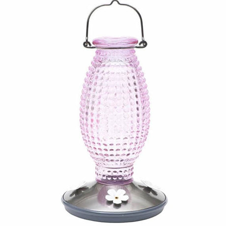 Cranberry Hobnail Hummingbird Feeder with metal handle, featuring white daisy feeding ports and a brushed nickel base for easy cleaning.