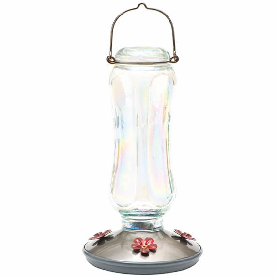 Starglow Vintage Hummingbird Feeder: Glass feeder with red flower ports, clear vase, metal handle, and brushed nickel base.