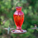 Daisy Vase Vintage Hummer Feeder featuring a red glass container with hummingbird feeding ports and a built-in metal hanger, attracting hummingbirds effortlessly.
