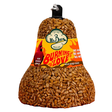 Burning Love Seed Bell, Set of 3: Cone-shaped bird food blocks with sunflower hearts and capsaicin, featuring a hanger for outdoor suspension, deterring squirrels.