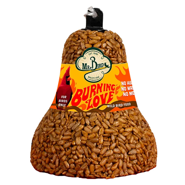 Burning Love Seed Bell, Set of 3: Cone-shaped bird food blocks with sunflower hearts and capsaicin, featuring a hanger for outdoor suspension, deterring squirrels.