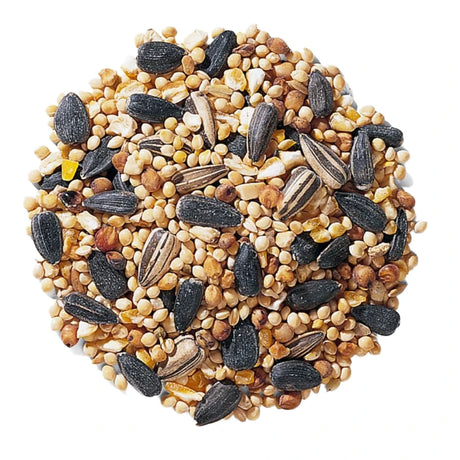 Duncraft Traditional Mix Wild Bird Seed, 5-lb bag, featuring sunflower seeds, millets, cracked corn, and sorghum, attracts finches, sparrows, and chickadees.