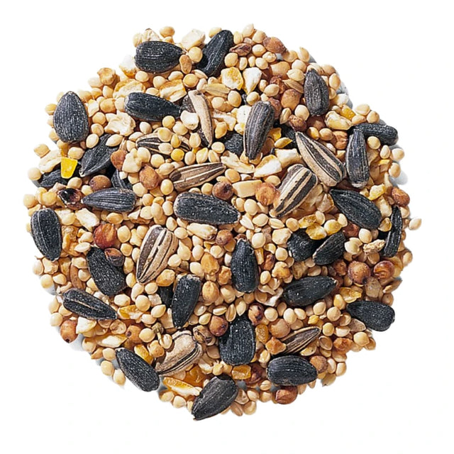 Duncraft Traditional Mix Wild Bird Seed, 5-lb bag, featuring sunflower seeds, millets, cracked corn, and sorghum, attracts finches, sparrows, and chickadees.