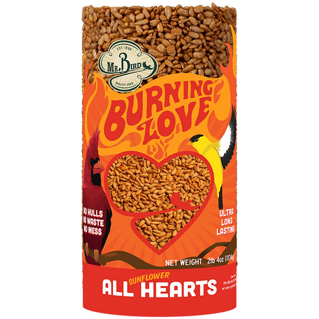 Burning Love Cylinder Small: A 2 lb 4 oz seed cylinder with sunflower hearts and capsaicin, designed to attract birds and deter squirrels.