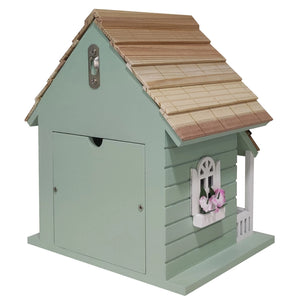 Kitty Cottage Birdhouse featuring a small wooden structure with door and window, designed for easy hanging and bird comfort with clean-out and ventilation features.