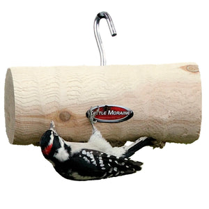 Natural log suet feeder hanging from a hook with a downy woodpecker clinging underneath.