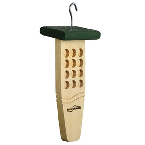 Hanging cedar bark butter feeder with multiple feeding cavities and durable green roof.