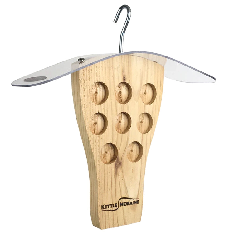 Cedar bark butter feeder with eight feeding cavities and clear weather shield roof.