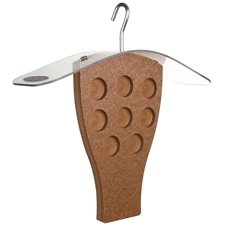 Recycled-plastic bark butter feeder with eight feeding wells and clear acrylic rain shield.