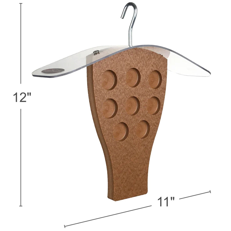 Compact bark butter feeder measures 12 inches tall by 11 inches wide with integrated weather shield.