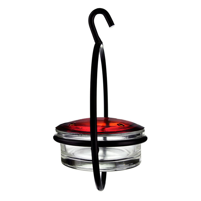 Sphere Hummingbird Feeder with handcrafted red glass lid, black metal hook, and clear glass dish. Features four feeding ports and a durable steel frame.