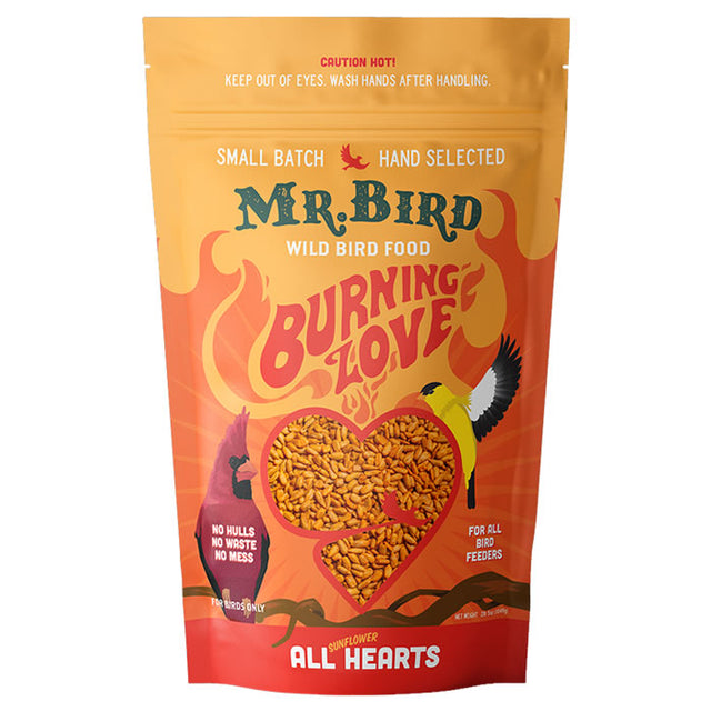 Mr. Bird Burning Love Wild Bird Seed, 4-lb bag, featuring premium seeds and hot pepper infusion to attract birds and deter squirrels.