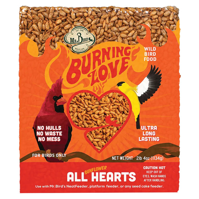 Burning Love Block Large: 2-lb 4-oz bag of sunflower hearts, bird food only. Features No hulls, no waste, with cardinal and goldfinch illustrations.