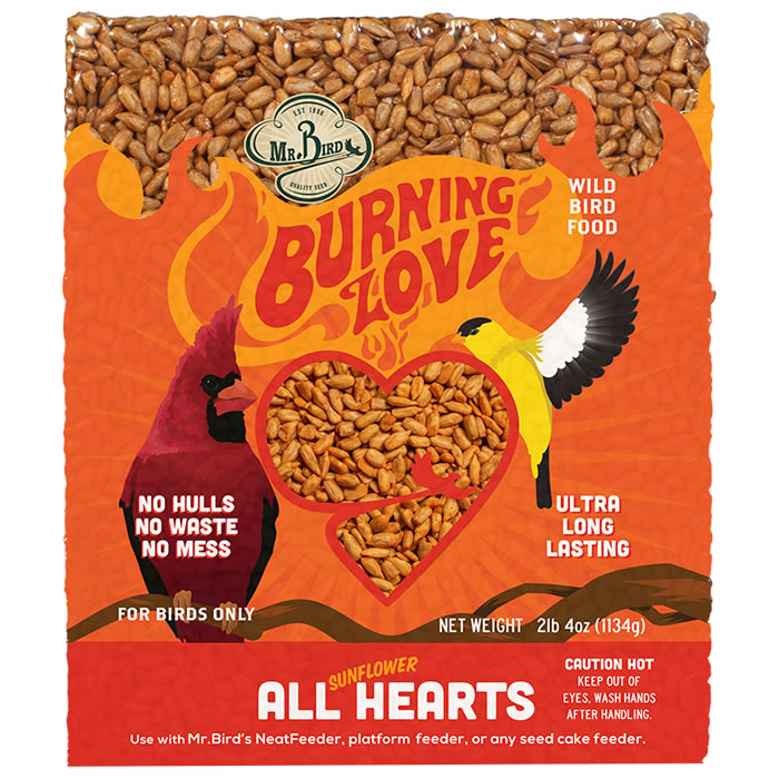 Burning Love Block Large bird food bag with sunflower hearts and capsaicin, designed to attract birds and deter squirrels.