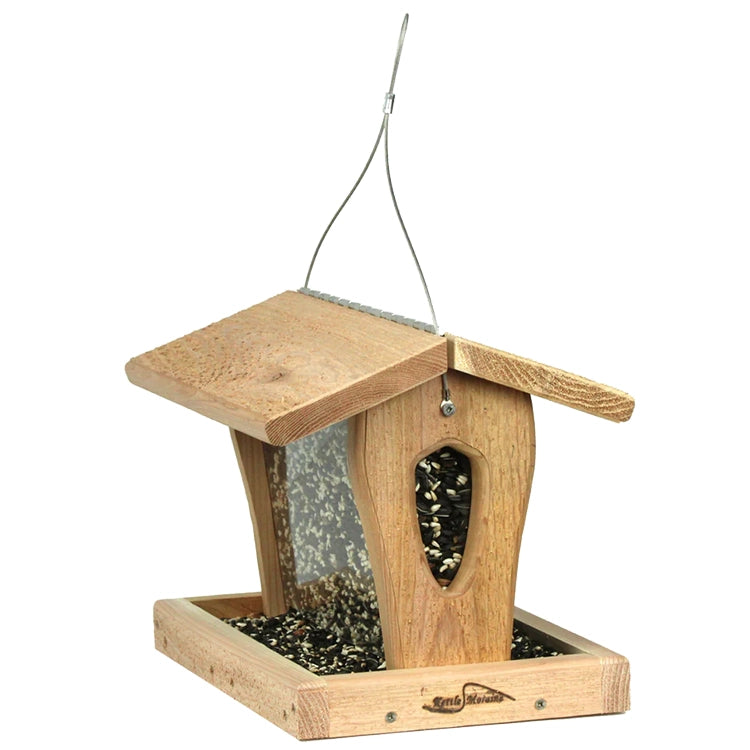 Large cedar hopper feeder with clear seed panels and spacious feeding tray for backyard birds.