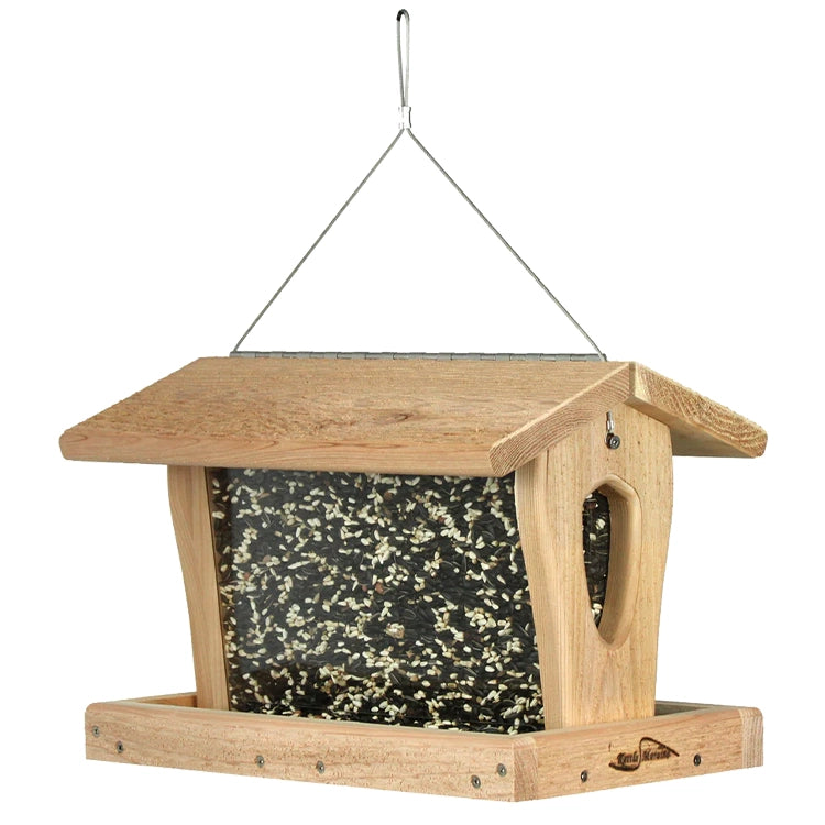 Wooden hopper bird feeder featuring high-capacity seed storage and wraparound feeding platform.