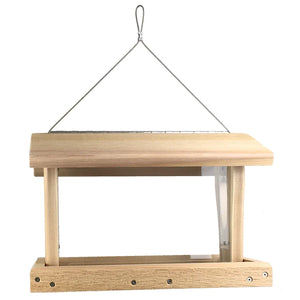 Back view of cedar hopper feeder showing durable hanging cable and weather-resistant construction.