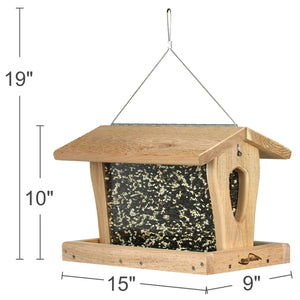 Large hopper bird feeder measures 19 inches high with a 15 x 9 inch feeding footprint.