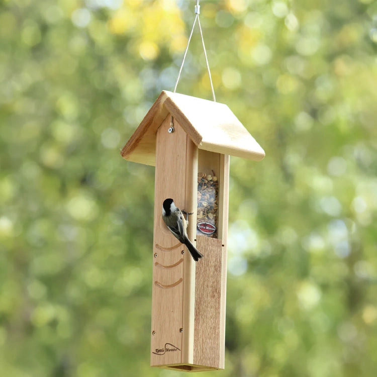 Black-capped chickadee feeding from a hanging cedar mealworm feeder with protective roof.