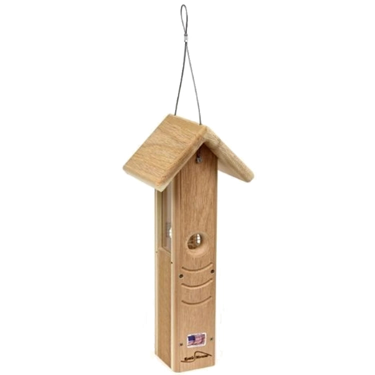 Cedar hanging mealworm feeder with weather-protective roof and clear seed reservoir.