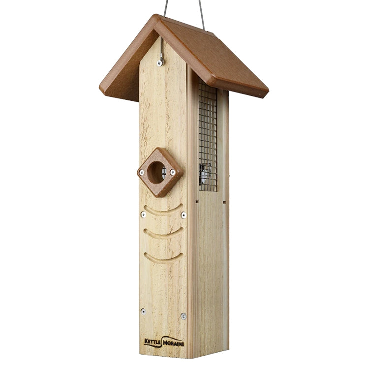Hanging sunflower seed feeder with cedar body, wire mesh sides, and chocolate recycled plastic roof.