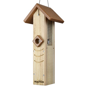 Hanging sunflower seed feeder with cedar body, wire mesh sides, and chocolate recycled plastic roof.