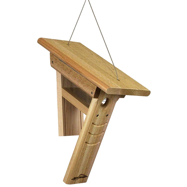 Hanging cedar tail-prop bird feeder with slanted roof and vertical support perch for woodpeckers.