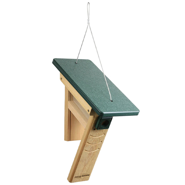 Hanging tail-prop peanut feeder with recycled green plastic roof and cedar construction.