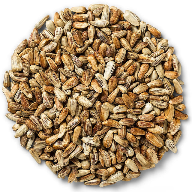 Duncraft NutraSaff Safflower Wild Bird Seed, 5-lb bag, shown as a pile of edible seeds, ideal for attracting birds and deterring squirrels.