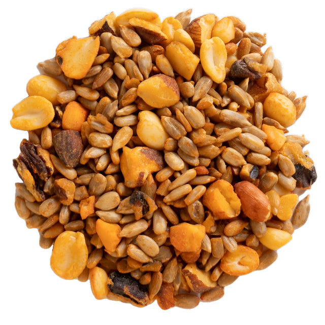 Duncraft Sizzling Hot Pepper Seed Blend, a mix of nuts and seeds including sunflower seeds and peanuts, designed for bird feeding and squirrel deterrence.