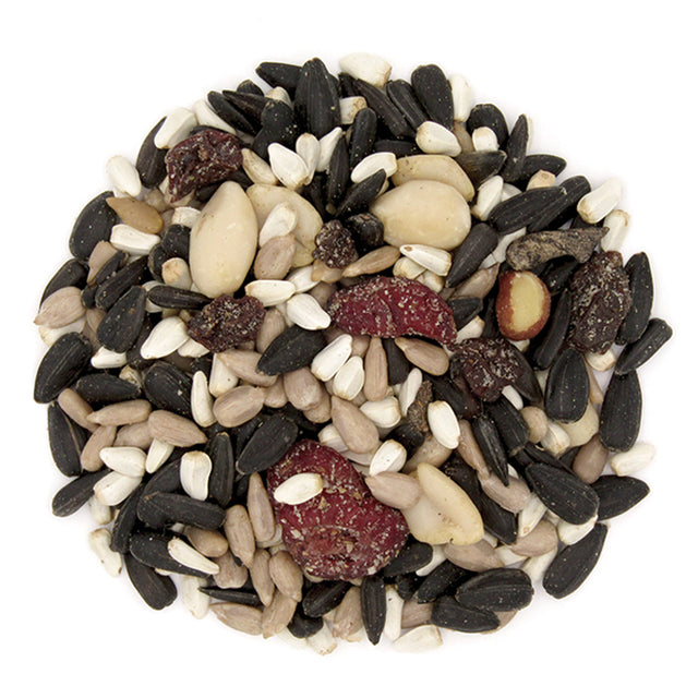 Duncraft Year Round Seed Blend Wild Bird Seed, 5-lb bag, featuring a mixture of nuts, seeds, and dried fruits for attracting a variety of birds.