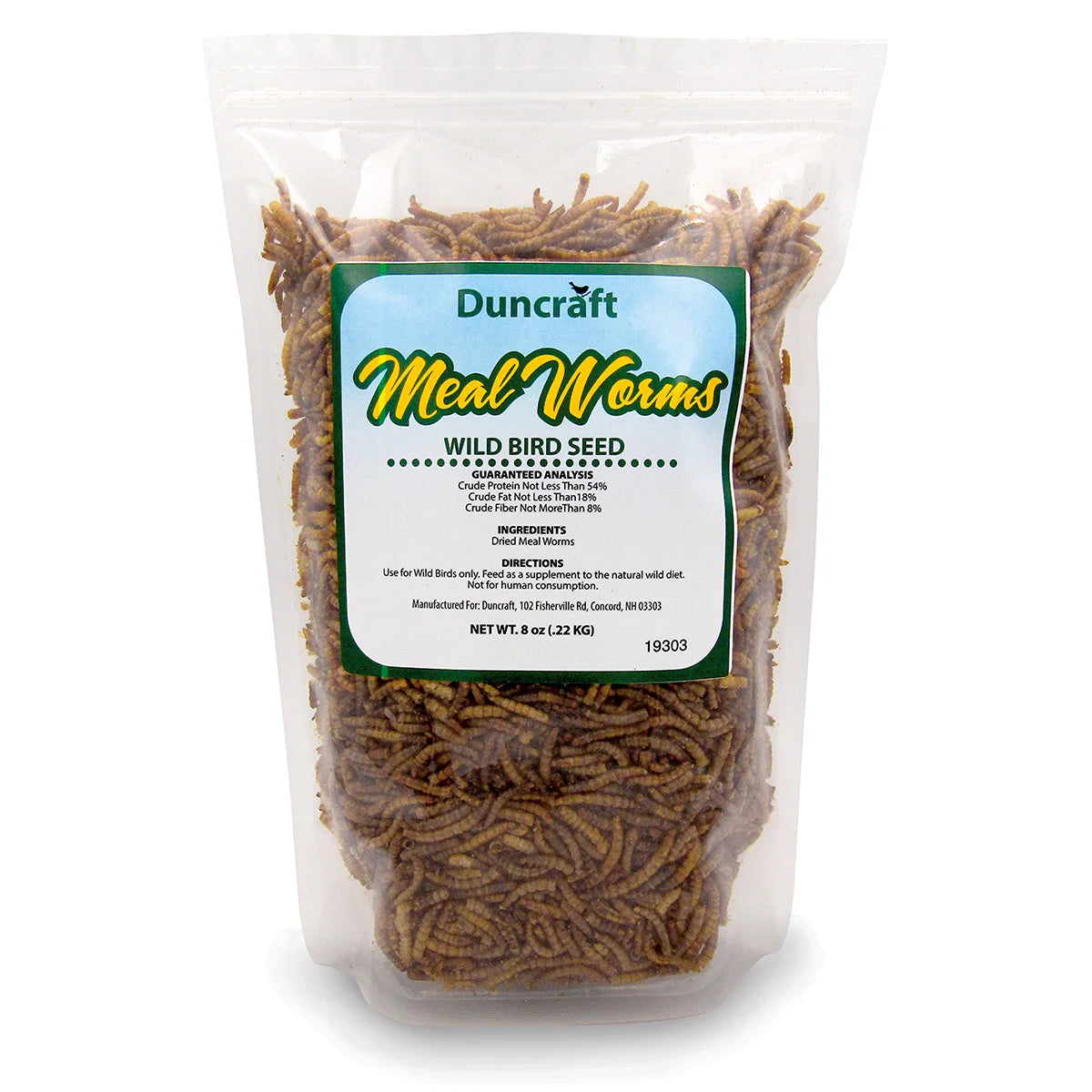 Duncraft Dried Mealworms, 8 oz. bag, shown with a green label, offers convenient, high-protein bird treats, easily stored and mixed with bird seed.