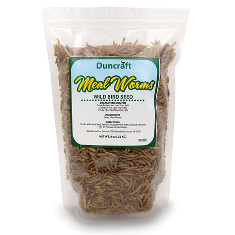 Duncraft Dried Mealworms, 8 oz. bag, labeled as a high-protein bird treat, shown in clear packaging with mealworms visible.