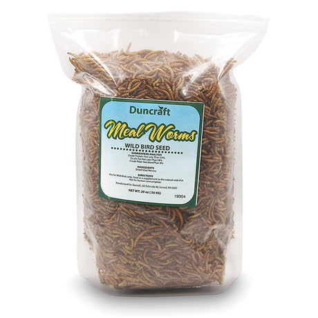 Duncraft Dried Mealworms, 20 oz. bag of high-protein dried mealworms, ideal for attracting various birds, easy to store and mix with bird seed.