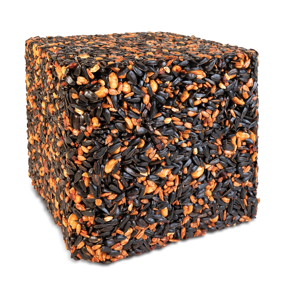 Sizzling Premium Hot Pepper Jumbo Seed Block, a compressed mix of black oil sunflower seeds, peanuts, and grains, designed to attract birds while deterring squirrels.