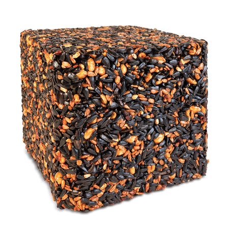 Sizzling Premium Hot Pepper Jumbo Seed Block, a compressed mix of black oil sunflower seeds, peanuts, and grains, designed to attract birds while deterring squirrels.