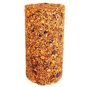 Sizzling Nuts & Bugs Seed Cylinder, Small, showcasing a mix of nuts, mealworms, and fruits for birds, designed to deter squirrels and offer mess-free feeding.